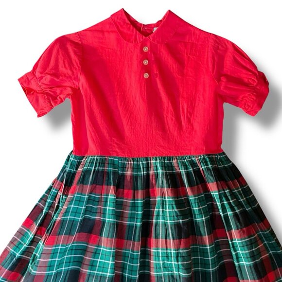 Vintage 1950s Little Star Girls Dress Sz 10 Red Green Plaid Peter Pan Collar - Picture 3 of 11